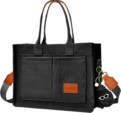 Women’s Canvas Multi-Pocket Tote Bag, Convertible Laptop Work Crossbody Shoulder Bag for Travel, Nurses & Teachers