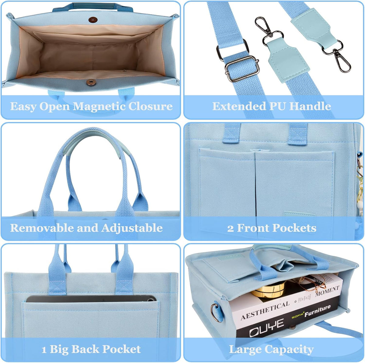 Women’s Canvas Multi-Pocket Tote Bag, Convertible Laptop Work Crossbody Shoulder Bag for Travel, Nurses & Teachers