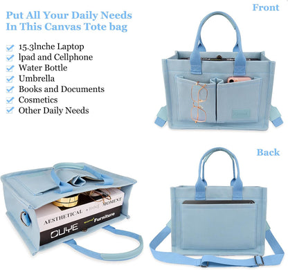 Women’s Canvas Multi-Pocket Tote Bag, Convertible Laptop Work Crossbody Shoulder Bag for Travel, Nurses & Teachers