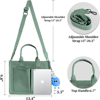 Women’s Canvas Multi-Pocket Tote Bag, Convertible Laptop Work Crossbody Shoulder Bag for Travel, Nurses & Teachers