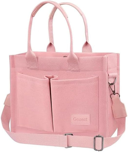 Women’s Canvas Multi-Pocket Tote Bag, Convertible Laptop Work Crossbody Shoulder Bag for Travel, Nurses & Teachers