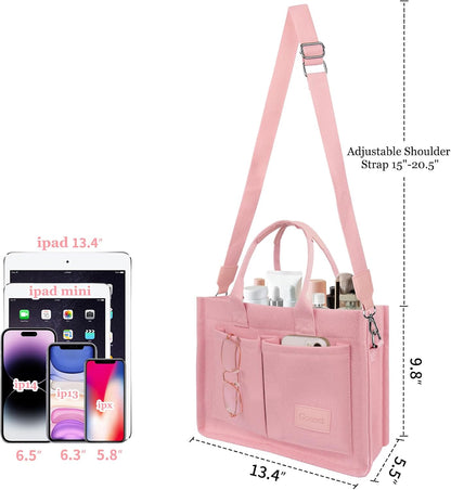 Women’s Canvas Multi-Pocket Tote Bag, Convertible Laptop Work Crossbody Shoulder Bag for Travel, Nurses & Teachers
