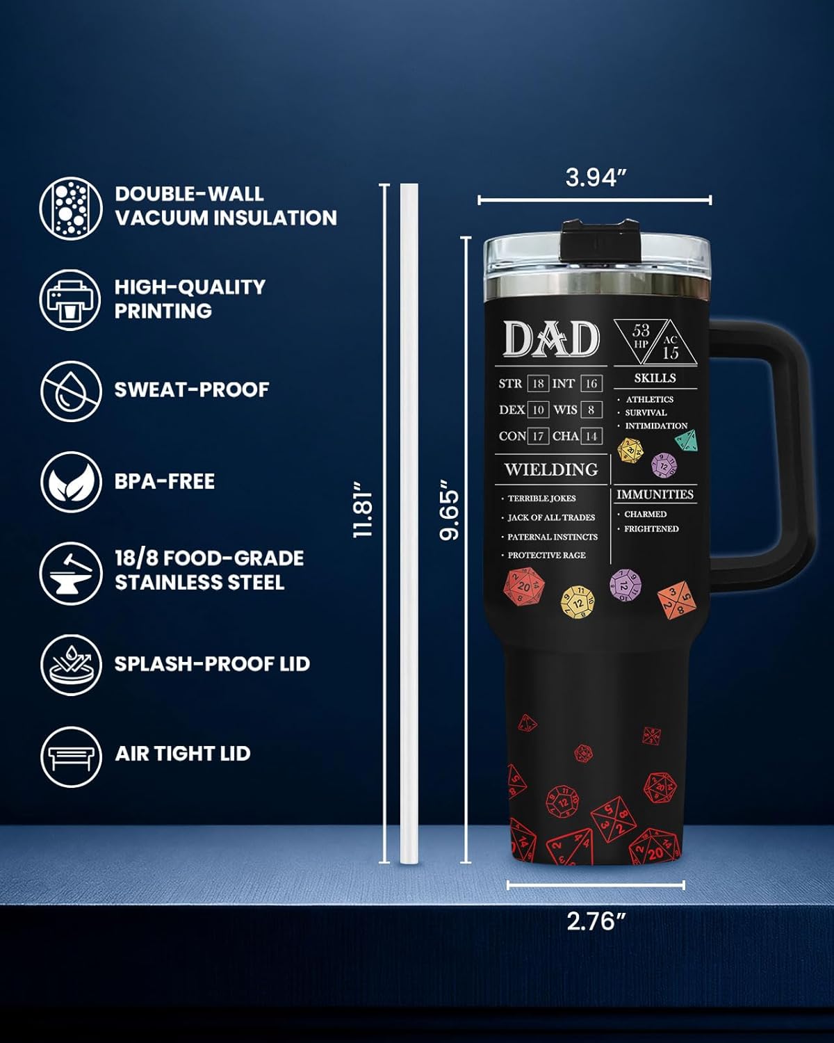 Dad Dadman Funny 40 oz Tumbler with Handle, Funny Dad Gift | Gift for Dad Tumbler 40oz, Cool Dadman Travel Mug, Funny Superhero Birthday from Daughter Son - Colors B
