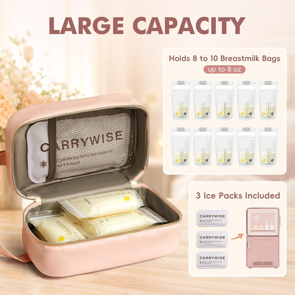 Breast Milk Cooler Travel Bag with 3 Ice Pack, Waterproof Breastmilk Cooler Storage Bag, Portable & Versatile Insulated Cooler Bag with Buckle Handle for Nursing Mom Daycare