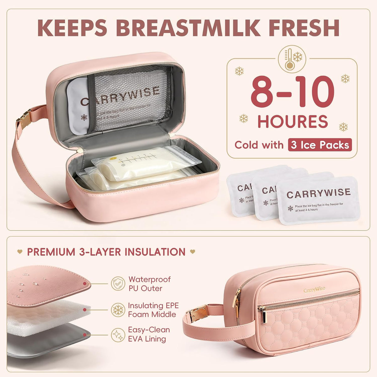 Breast Milk Cooler Travel Bag with 3 Ice Pack, Waterproof Breastmilk Cooler Storage Bag, Portable & Versatile Insulated Cooler Bag with Buckle Handle for Nursing Mom Daycare