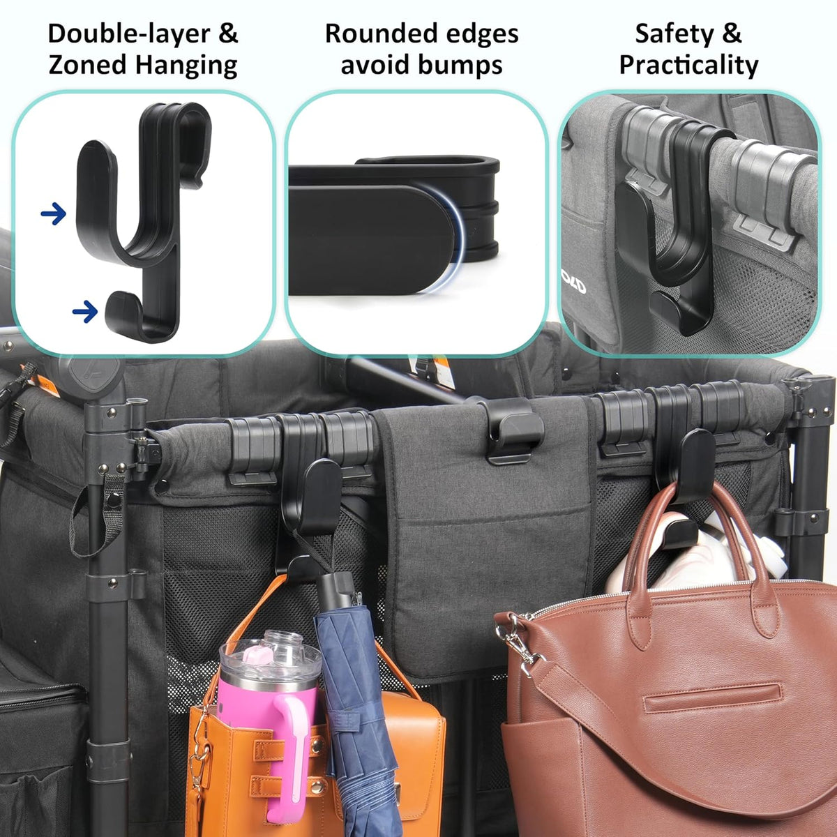 Stroller Hooks for Wonderfold Wagon W2 & W4, Double-Layer Multipurpose Side Hook for Balance Bikes & Bags, Space-Saving Wonderfold Wagon Accessories, 88lbs Load Capacity (4PCS)