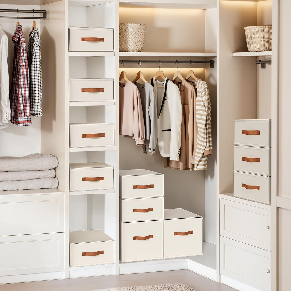 Closet Organizers and Storage - Fabric Bins with Drawers for Closet Foldable Clothes Organizers with Clear Window, Stackable Storage Drawers Units for Bedroom, Living Room, Grey