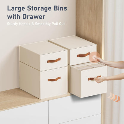 Closet Organizers and Storage - Fabric Bins with Drawers for Closet Foldable Clothes Organizers with Clear Window, Stackable Storage Drawers Units for Bedroom, Living Room, Grey