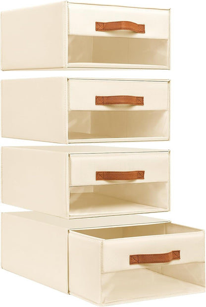 Closet Organizers and Storage - Fabric Bins with Drawers for Closet Foldable Clothes Organizers with Clear Window, Stackable Storage Drawers Units for Bedroom, Living Room, Grey