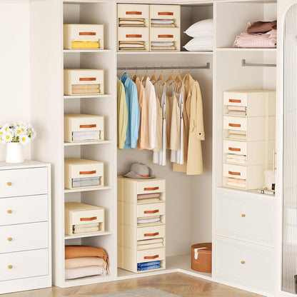 Closet Organizers and Storage - Fabric Bins with Drawers for Closet Foldable Clothes Organizers with Clear Window, Stackable Storage Drawers Units for Bedroom, Living Room, Grey
