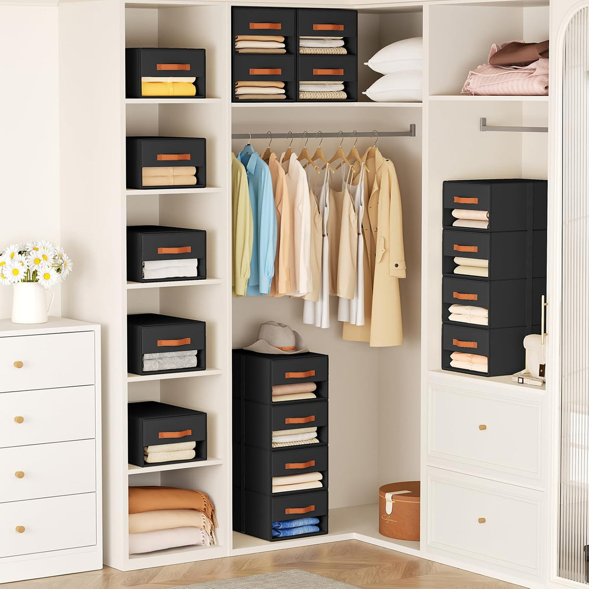 Closet Organizers and Storage - Fabric Bins with Drawers for Closet Foldable Clothes Organizers with Clear Window, Stackable Storage Drawers Units for Bedroom, Living Room, Grey