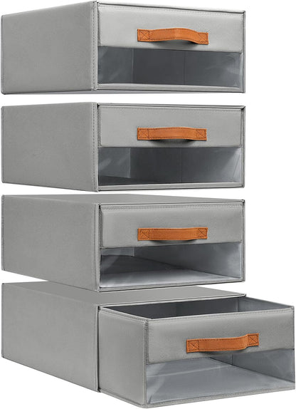 Closet Organizers and Storage - Fabric Bins with Drawers for Closet Foldable Clothes Organizers with Clear Window, Stackable Storage Drawers Units for Bedroom, Living Room, Grey
