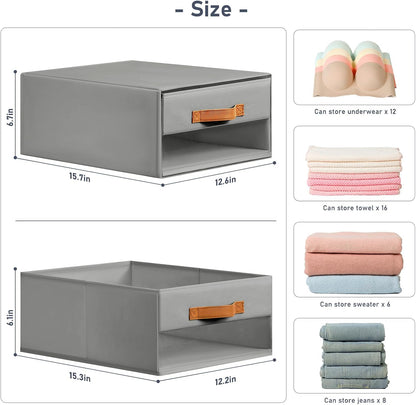 Closet Organizers and Storage - Fabric Bins with Drawers for Closet Foldable Clothes Organizers with Clear Window, Stackable Storage Drawers Units for Bedroom, Living Room, Grey