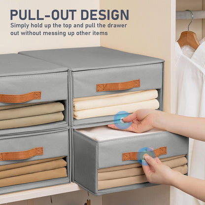 Closet Organizers and Storage - Fabric Bins with Drawers for Closet Foldable Clothes Organizers with Clear Window, Stackable Storage Drawers Units for Bedroom, Living Room, Grey