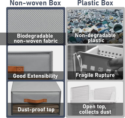 Closet Organizers and Storage - Fabric Bins with Drawers for Closet Foldable Clothes Organizers with Clear Window, Stackable Storage Drawers Units for Bedroom, Living Room, Grey