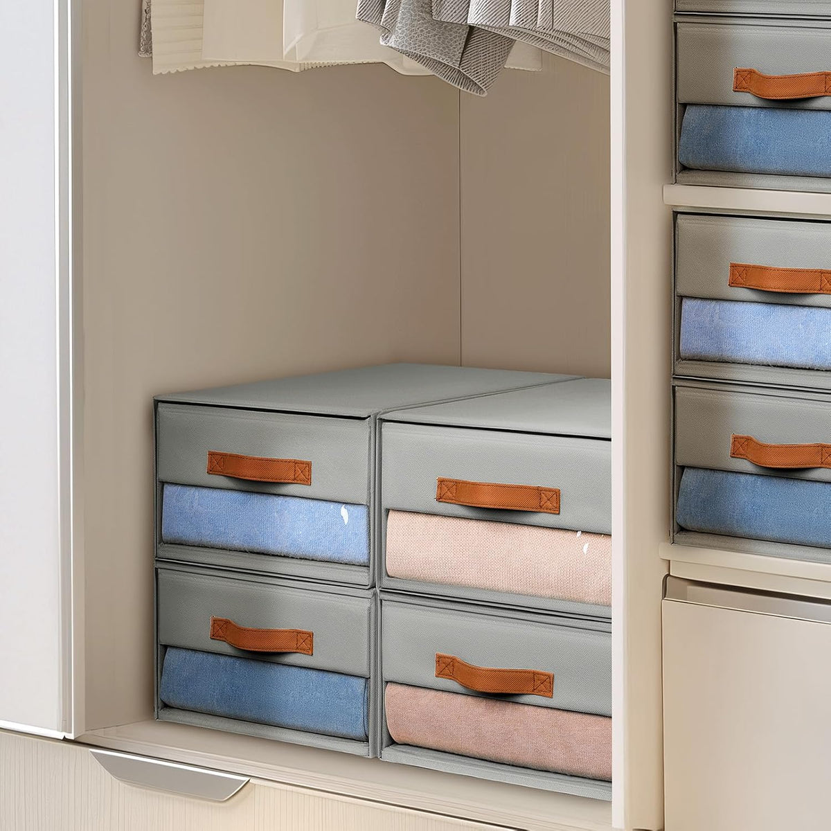 Closet Organizers and Storage - Fabric Bins with Drawers for Closet Foldable Clothes Organizers with Clear Window, Stackable Storage Drawers Units for Bedroom, Living Room, Grey