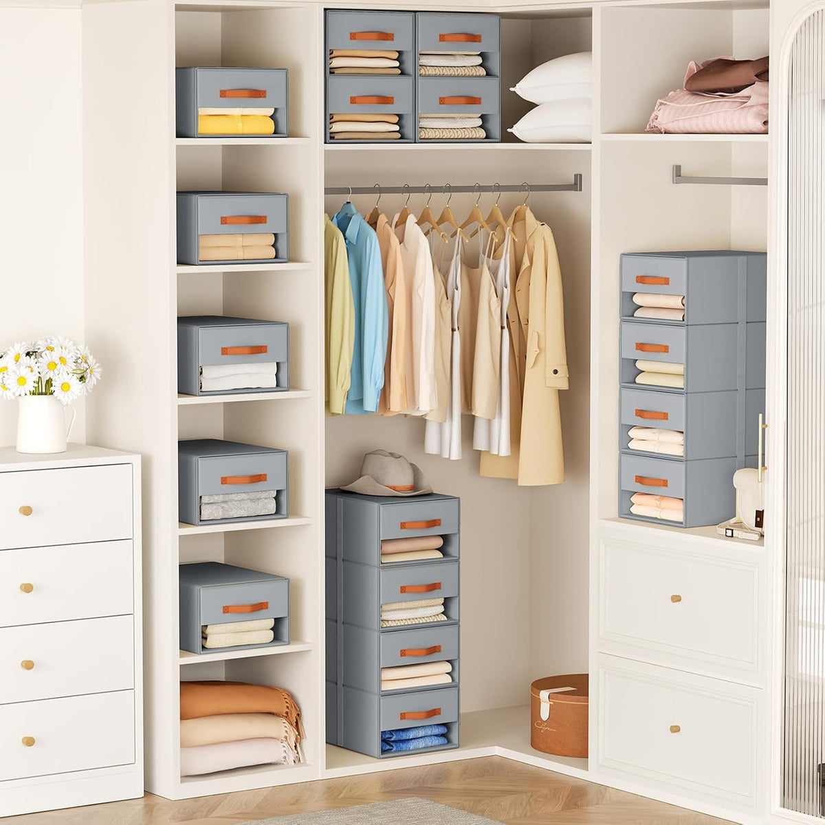 Closet Organizers and Storage - Fabric Bins with Drawers for Closet Foldable Clothes Organizers with Clear Window, Stackable Storage Drawers Units for Bedroom, Living Room, Grey
