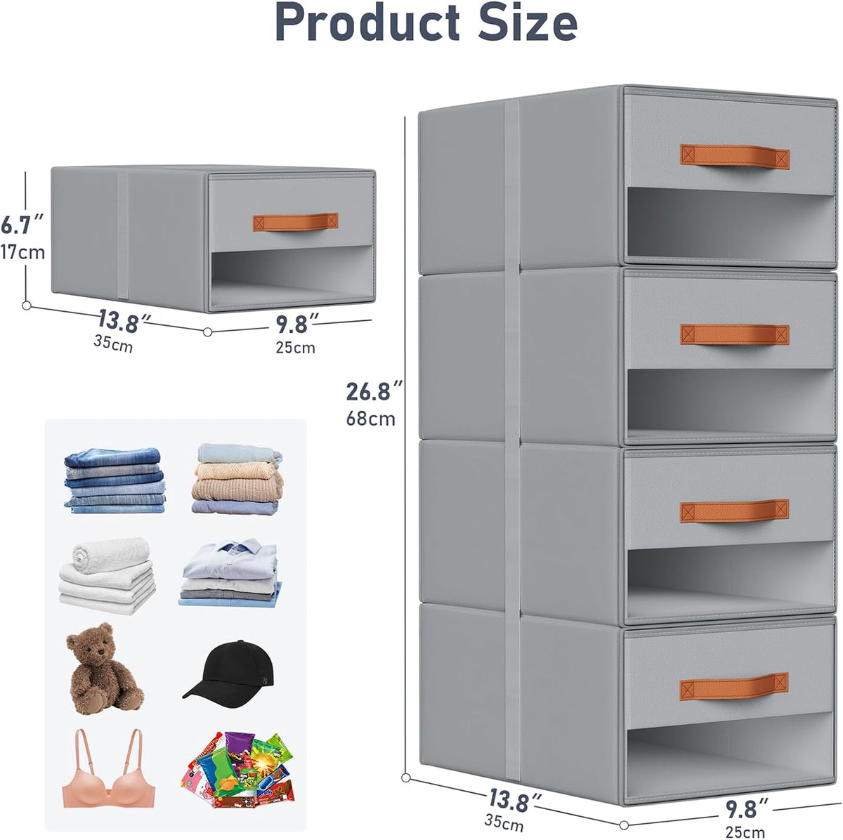 Closet Organizers and Storage - Fabric Bins with Drawers for Closet Foldable Clothes Organizers with Clear Window, Stackable Storage Drawers Units for Bedroom, Living Room, Grey