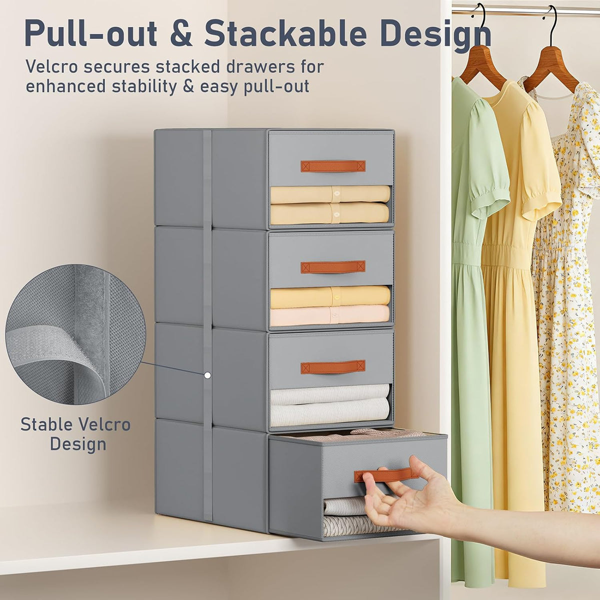 Closet Organizers and Storage - Fabric Bins with Drawers for Closet Foldable Clothes Organizers with Clear Window, Stackable Storage Drawers Units for Bedroom, Living Room, Grey