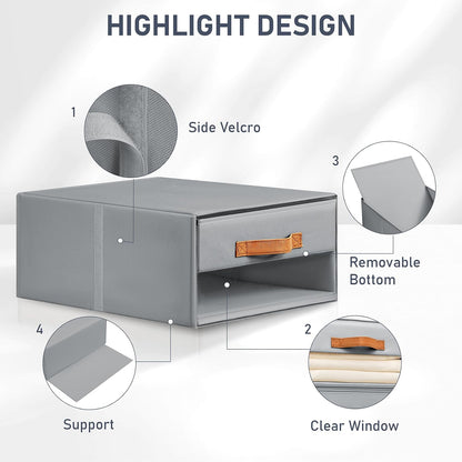 Closet Organizers and Storage - Fabric Bins with Drawers for Closet Foldable Clothes Organizers with Clear Window, Stackable Storage Drawers Units for Bedroom, Living Room, Grey