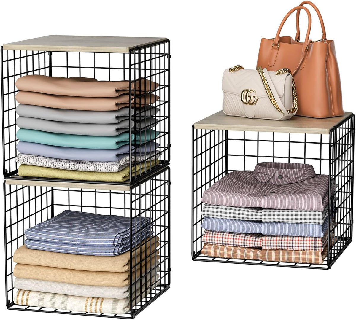 4-Tier Stackable Closet Organizers and Storage Basket, Shelves with Wood Top, Foldable Clothes Storage Bin/Cube Drawer Organizer for Wardrobe, Space-Saving, Closet Organization,Black(Patent Pending) ﻿