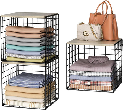 4-Tier Stackable Closet Organizers and Storage Basket, Shelves with Wood Top, Foldable Clothes Storage Bin/Cube Drawer Organizer for Wardrobe, Space-Saving, Closet Organization,Black(Patent Pending) ﻿