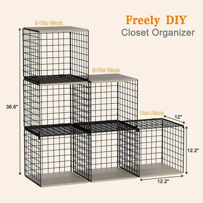 4-Tier Stackable Closet Organizers and Storage Basket, Shelves with Wood Top, Foldable Clothes Storage Bin/Cube Drawer Organizer for Wardrobe, Space-Saving, Closet Organization,Black(Patent Pending) ﻿