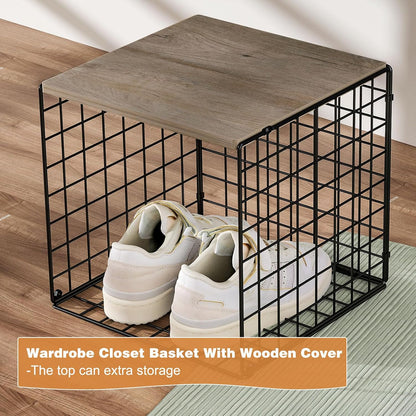 4-Tier Stackable Closet Organizers and Storage Basket, Shelves with Wood Top, Foldable Clothes Storage Bin/Cube Drawer Organizer for Wardrobe, Space-Saving, Closet Organization,Black(Patent Pending) ﻿