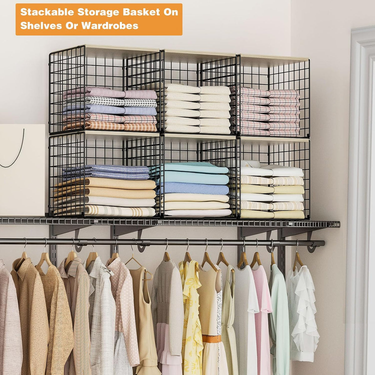 4-Tier Stackable Closet Organizers and Storage Basket, Shelves with Wood Top, Foldable Clothes Storage Bin/Cube Drawer Organizer for Wardrobe, Space-Saving, Closet Organization,Black(Patent Pending) ﻿