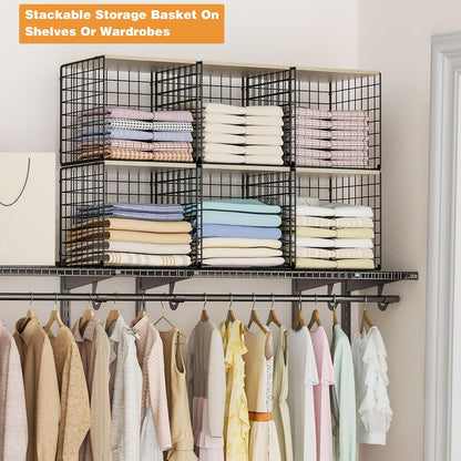 4-Tier Stackable Closet Organizers and Storage Basket, Shelves with Wood Top, Foldable Clothes Storage Bin/Cube Drawer Organizer for Wardrobe, Space-Saving, Closet Organization,Black(Patent Pending) ﻿
