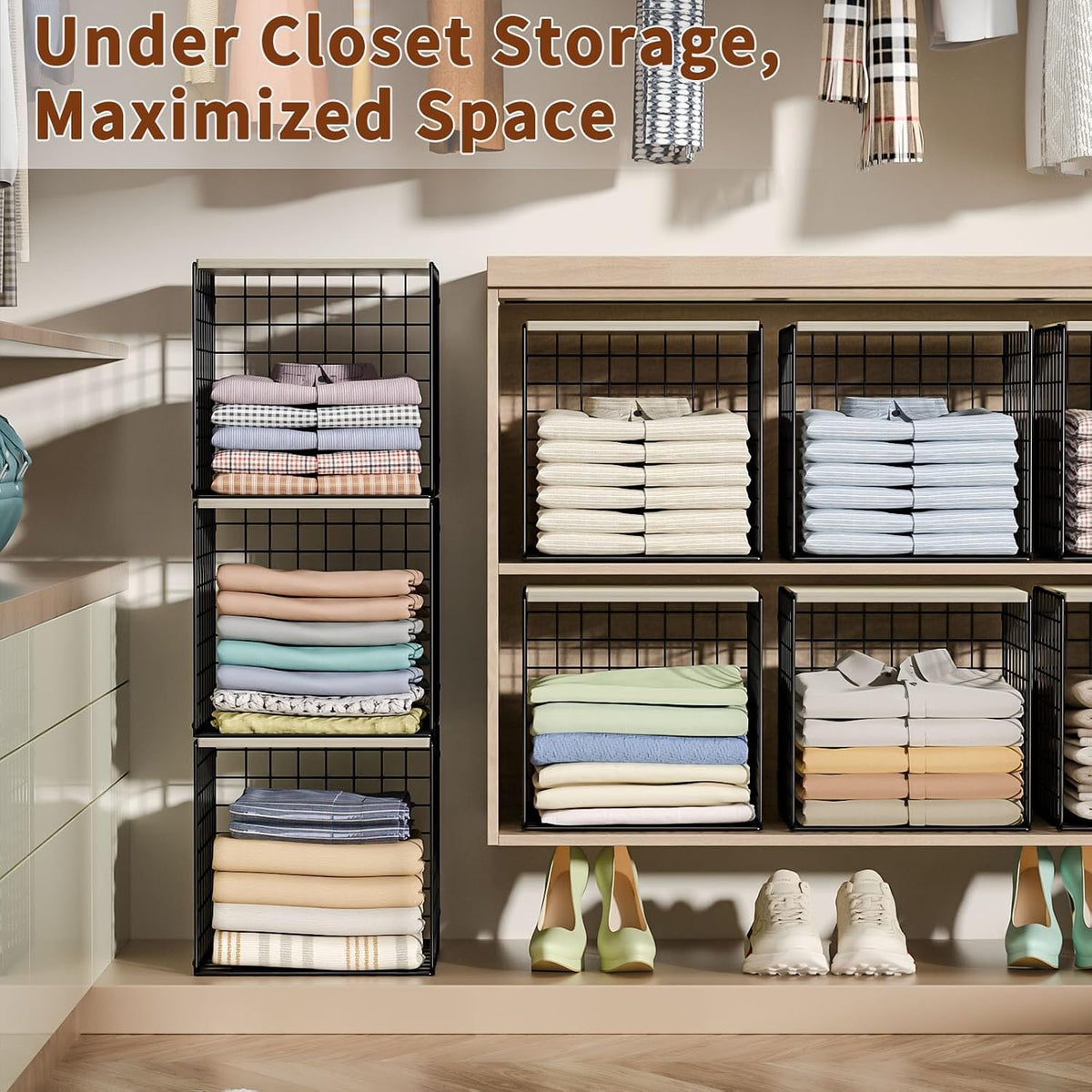 4-Tier Stackable Closet Organizers and Storage Basket, Shelves with Wood Top, Foldable Clothes Storage Bin/Cube Drawer Organizer for Wardrobe, Space-Saving, Closet Organization,Black(Patent Pending) ﻿