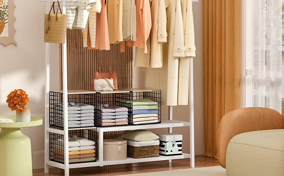 4-Tier Stackable Closet Organizers and Storage Basket, Shelves with Wood Top, Foldable Clothes Storage Bin/Cube Drawer Organizer for Wardrobe, Space-Saving, Closet Organization,Black(Patent Pending) ﻿