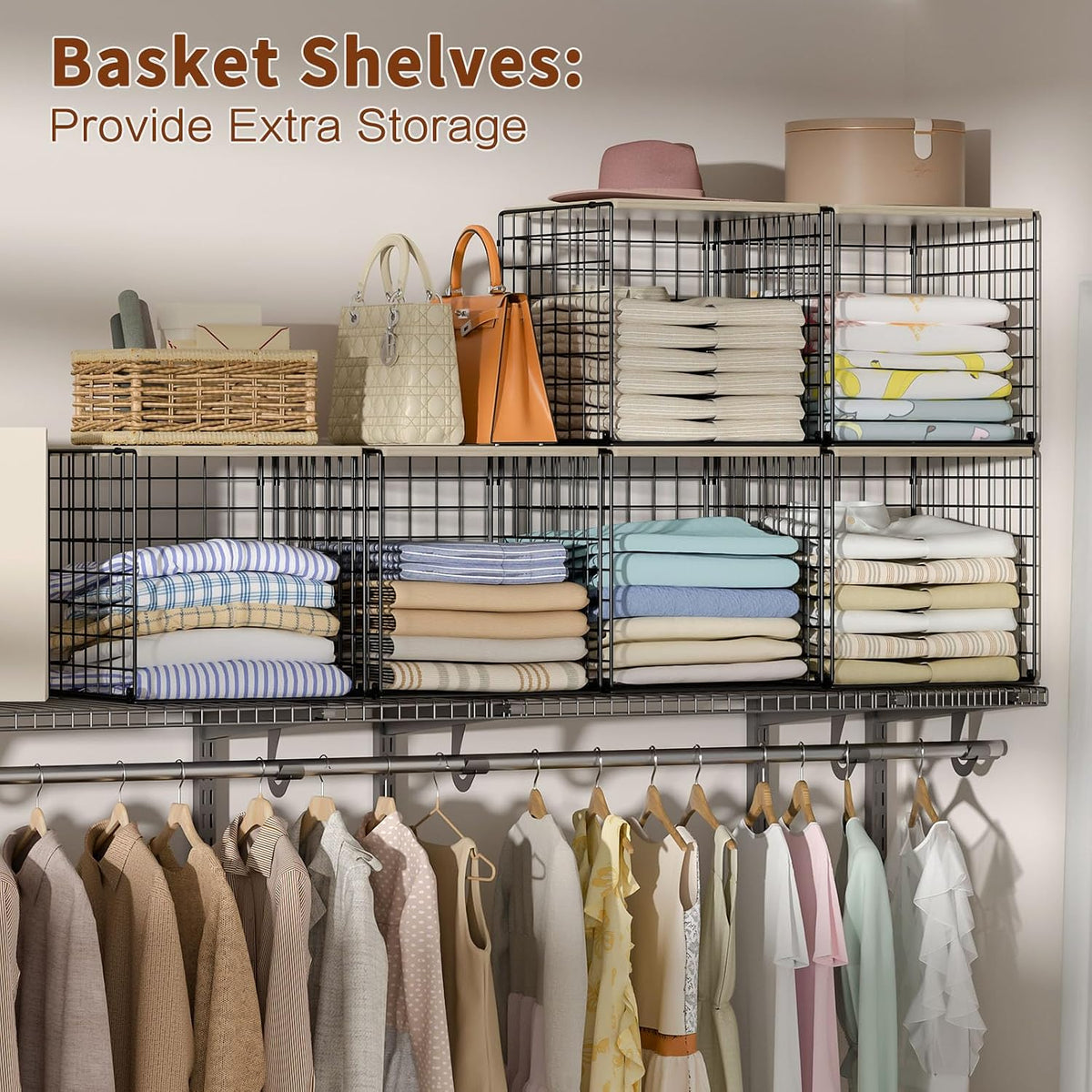 4-Tier Stackable Closet Organizers and Storage Basket, Shelves with Wood Top, Foldable Clothes Storage Bin/Cube Drawer Organizer for Wardrobe, Space-Saving, Closet Organization,Black(Patent Pending) ﻿