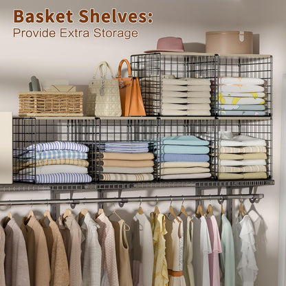 4-Tier Stackable Closet Organizers and Storage Basket, Shelves with Wood Top, Foldable Clothes Storage Bin/Cube Drawer Organizer for Wardrobe, Space-Saving, Closet Organization,Black(Patent Pending) ﻿