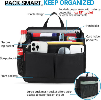 Small Rugged Organizer Insert for Briefcase Tote Shoulder Messenger Bag-19 Pockets,Padded Water-repellent Nylon-Black
