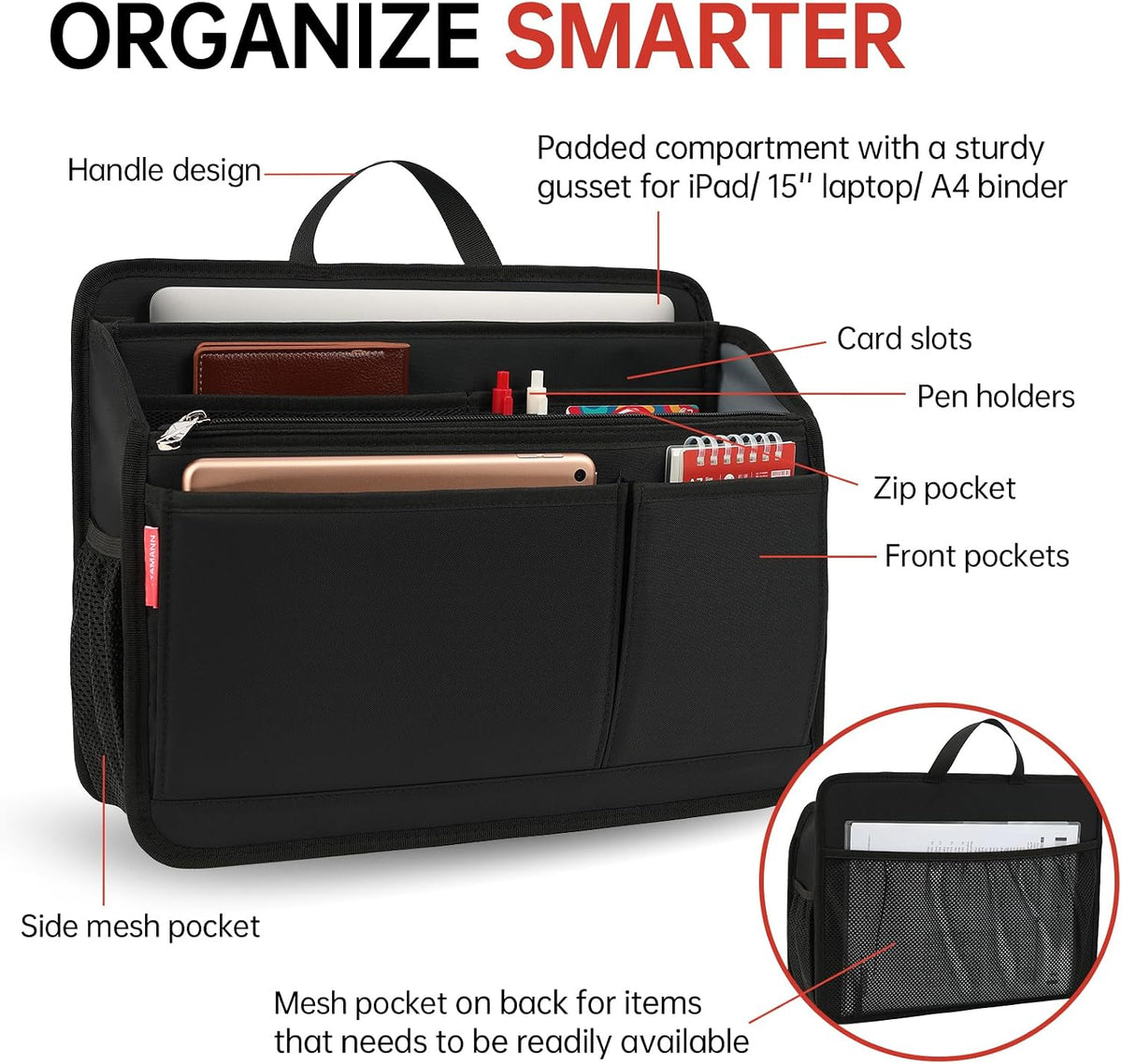 Small Rugged Organizer Insert for Briefcase Tote Shoulder Messenger Bag-19 Pockets,Padded Water-repellent Nylon-Black