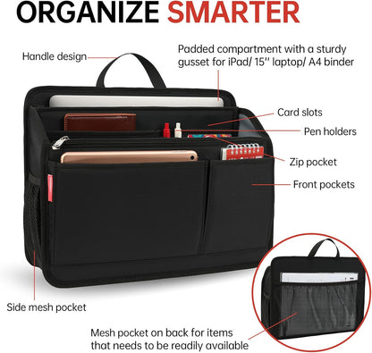Small Rugged Organizer Insert for Briefcase Tote Shoulder Messenger Bag-19 Pockets,Padded Water-repellent Nylon-Black