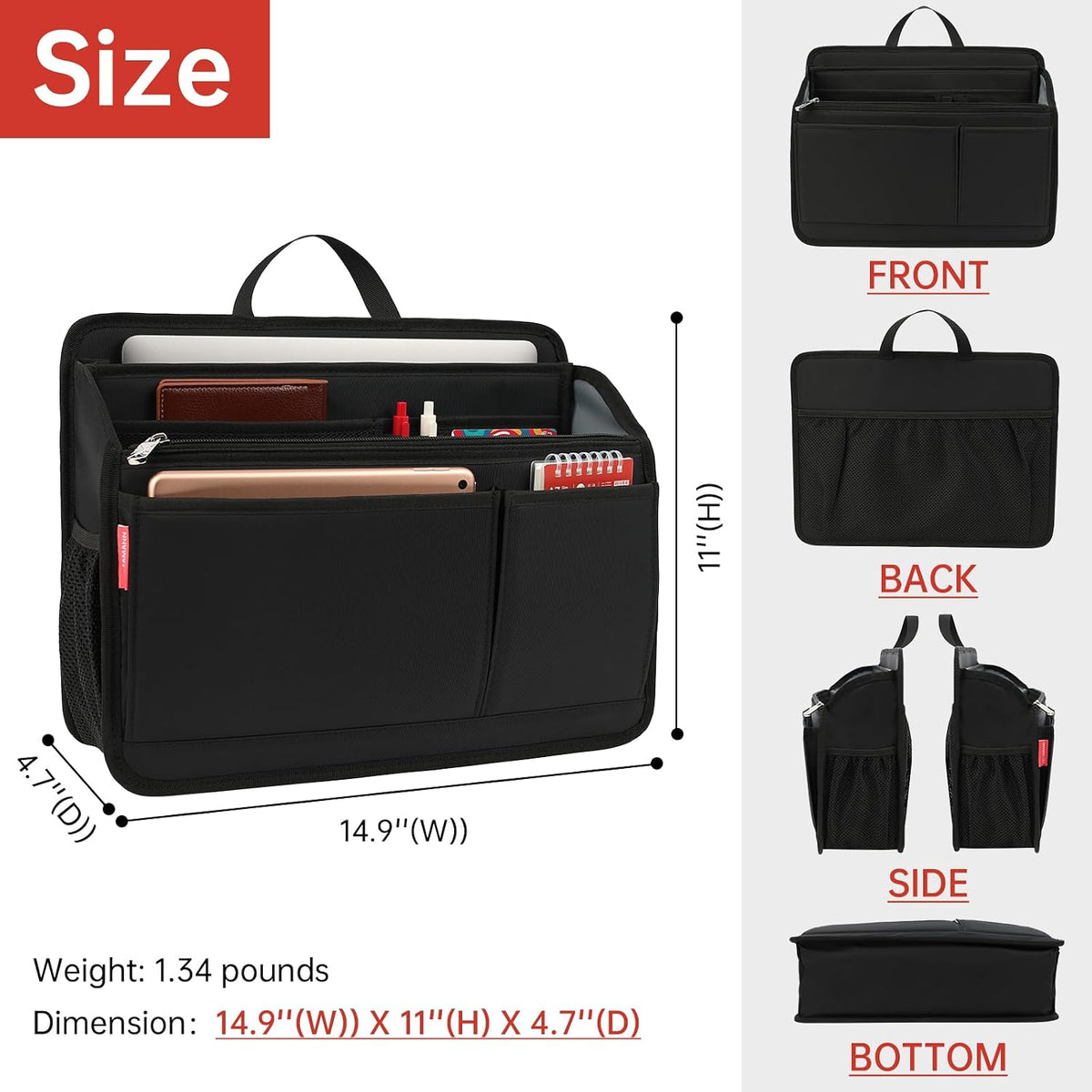 Small Rugged Organizer Insert for Briefcase Tote Shoulder Messenger Bag-19 Pockets,Padded Water-repellent Nylon-Black