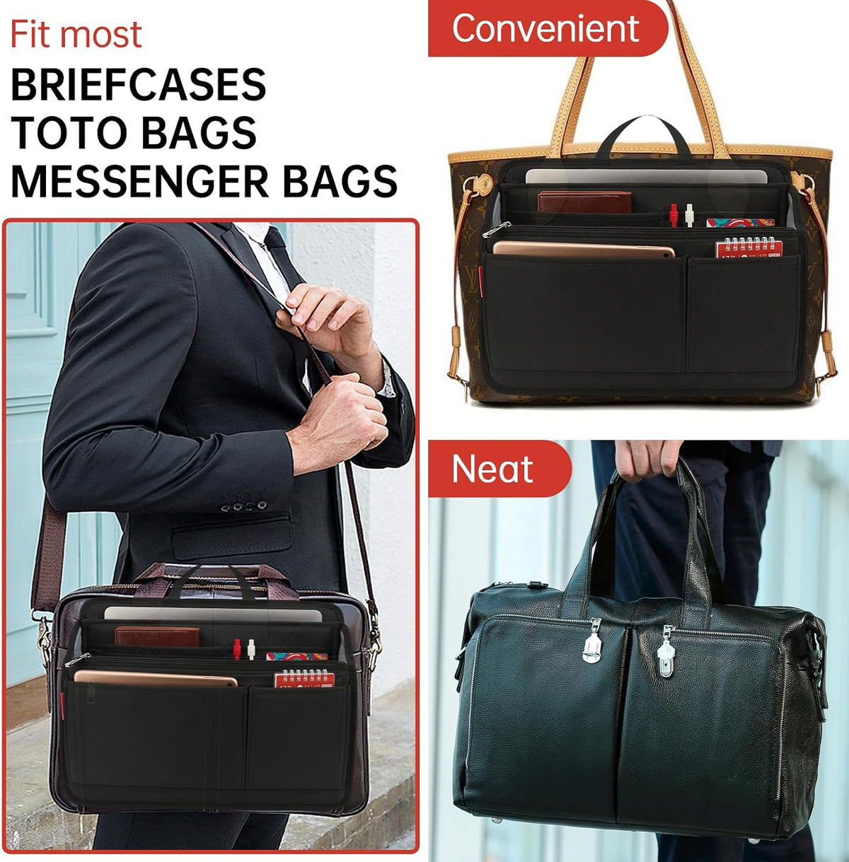 Small Rugged Organizer Insert for Briefcase Tote Shoulder Messenger Bag-19 Pockets,Padded Water-repellent Nylon-Black