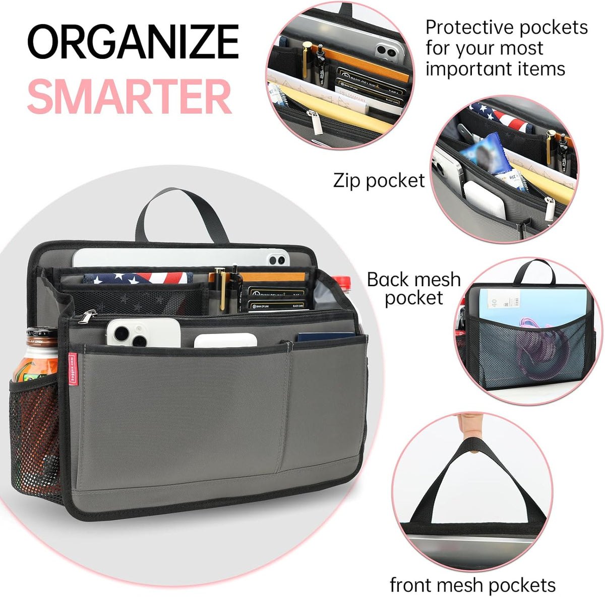 Small Rugged Organizer Insert for Briefcase Tote Shoulder Messenger Bag-19 Pockets,Padded Water-repellent Nylon-Black
