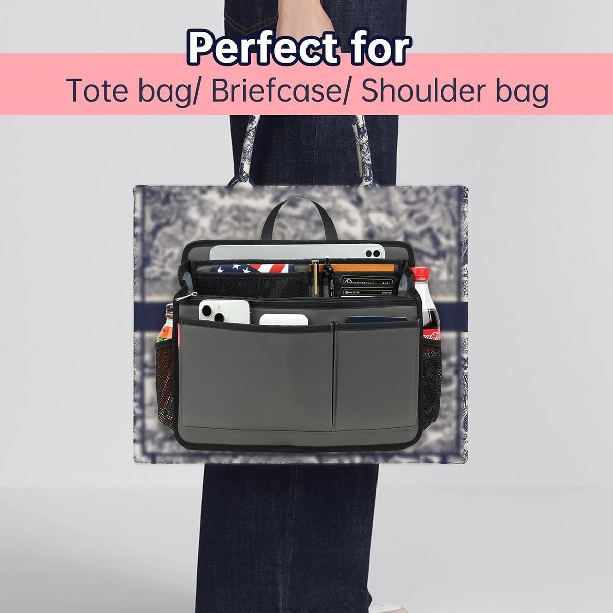 Small Rugged Organizer Insert for Briefcase Tote Shoulder Messenger Bag-19 Pockets,Padded Water-repellent Nylon-Black