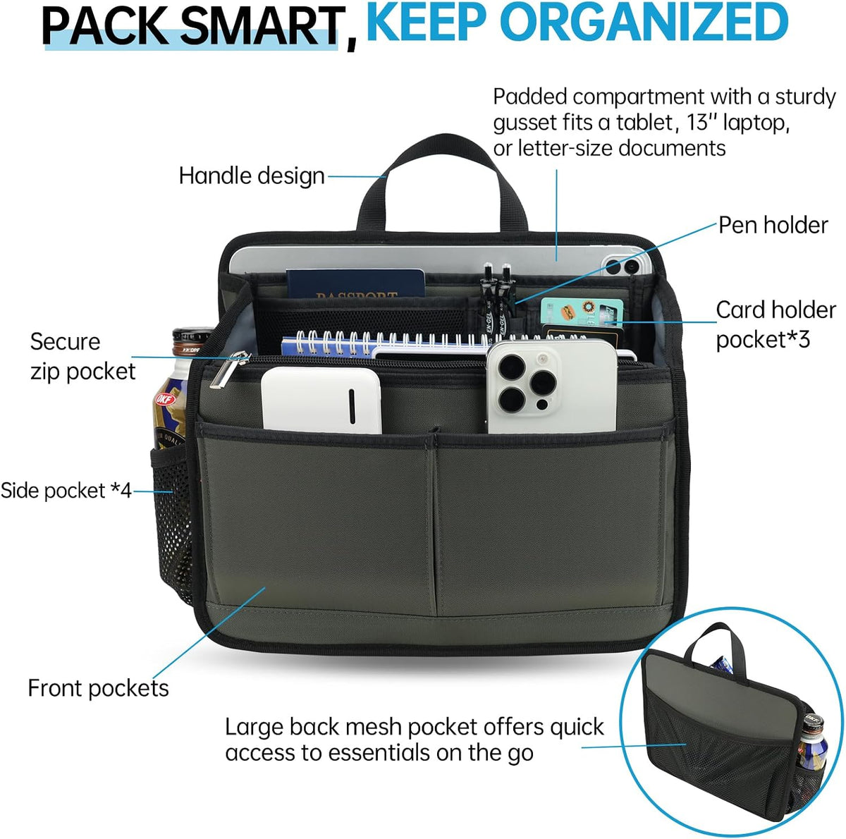 Small Rugged Organizer Insert for Briefcase Tote Shoulder Messenger Bag-19 Pockets,Padded Water-repellent Nylon-Black