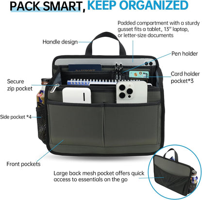 Small Rugged Organizer Insert for Briefcase Tote Shoulder Messenger Bag-19 Pockets,Padded Water-repellent Nylon-Black