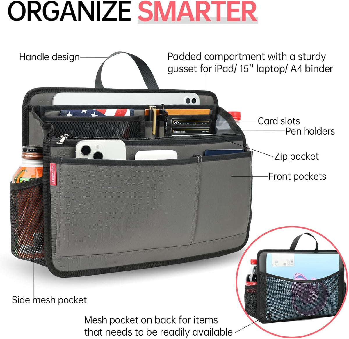 Small Rugged Organizer Insert for Briefcase Tote Shoulder Messenger Bag-19 Pockets,Padded Water-repellent Nylon-Black