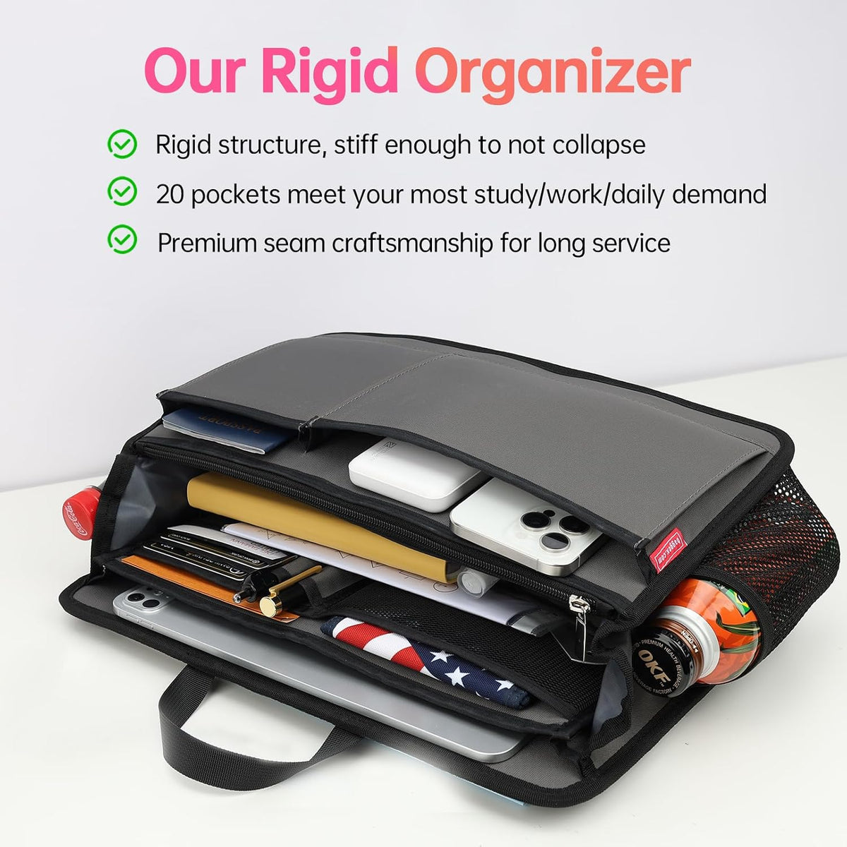 Small Rugged Organizer Insert for Briefcase Tote Shoulder Messenger Bag-19 Pockets,Padded Water-repellent Nylon-Black