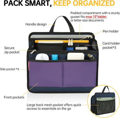 Small Rugged Organizer Insert for Briefcase Tote Shoulder Messenger Bag-19 Pockets,Padded Water-repellent Nylon-Black