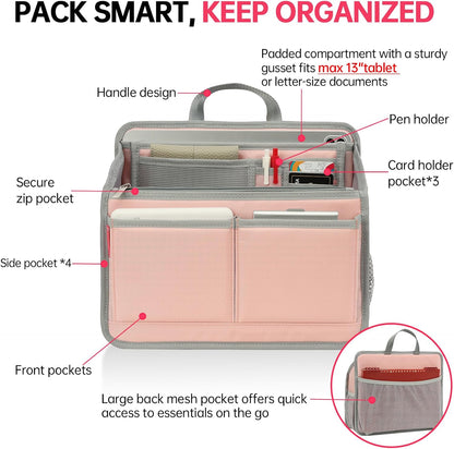 Small Rugged Organizer Insert for Briefcase Tote Shoulder Messenger Bag-19 Pockets,Padded Water-repellent Nylon-Black