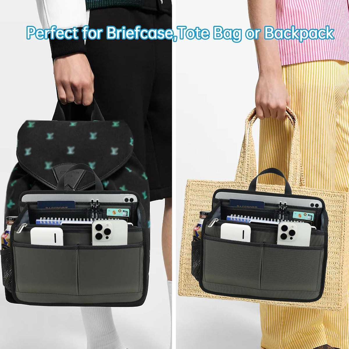 Small Rugged Organizer Insert for Briefcase Tote Shoulder Messenger Bag-19 Pockets,Padded Water-repellent Nylon-Black