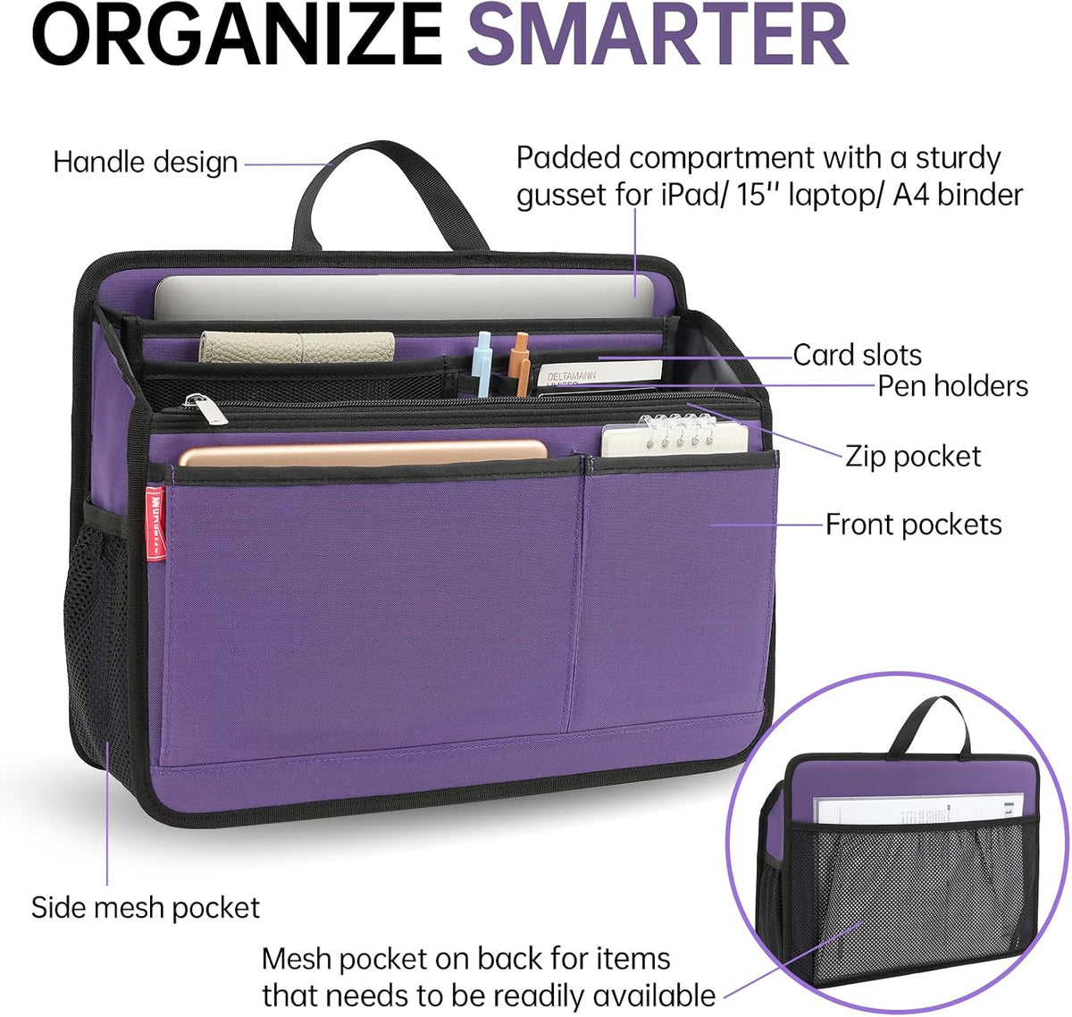 Small Rugged Organizer Insert for Briefcase Tote Shoulder Messenger Bag-19 Pockets,Padded Water-repellent Nylon-Black