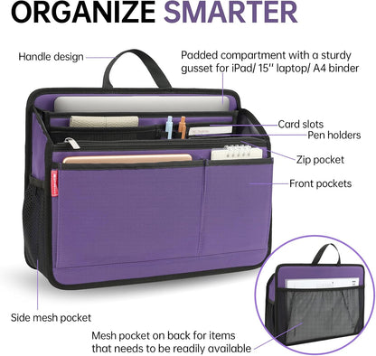 Small Rugged Organizer Insert for Briefcase Tote Shoulder Messenger Bag-19 Pockets,Padded Water-repellent Nylon-Black